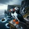 A pair of Atlantic puffins perched on a rugged cliff overlooking the sea