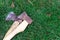 A pair of axes lying in the grass near the barn, summer