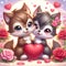 A pair of baby wolf in love scene, cute face, lovely, whimsical, flower petals, holding a red heart, cartoon style