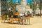 A pair of beautiful Andalusian horses of light gray color and a coachman awaiting passengers at the Horse Feria Feria de Caballo