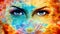 A pair of beautiful blue women eyes beaming, color rust effect,