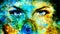 Pair of beautiful blue women eyes looking up mysteriously from behind a small rainbow colored peacock feather, texture collage wit