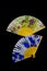 Pair of beautiful chinese folding paper fans against dark background