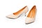 Pair of Beige Woman is High-Heeled Sandals Fashion. Beautiful Luxury Cream High Heels Shoes on White Background with