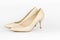 Pair of beige women`s leather shoes on high-heeled  on white background. Concept for female shopping and fashion