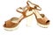 Pair of beige womens high heeled shoes on white background.