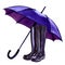 A pair of black rain rubber boots and a blue umbrella, weather season symbol, isolated, hand drawn watercolor