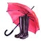 A pair of black rain rubber boots and a red umbrella, weather season symbol, isolated, hand drawn watercolor