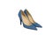 Pair of blue female shoes with snake skin texture imitation on high heels on white background