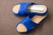 Pair of blue home slippers with leather insoles. Top view.