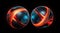 a pair of blue and orange spheres