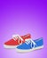 Pair of blue and red unisex and kids sport shoes