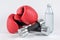 A pair of boxing gloves and dumbbells and a bottle of water.