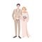 Pair of bride and groom standing together. Young cute man and woman dressed in old fashioned or retro wedding clothes