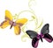 Pair of a bright butterflies with ornamental sprig