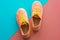 Pair of bright orange sneakers on colorful bicolor background, closeup