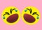 A pair of bright yellow emoticon smiley icon of a crying face with tears light pink rose backdrop