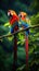 A pair of brilliantly colored macaws perch atop a branch