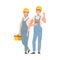 Pair of builders in blue overalls with tools. Vector illustration.