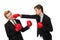 Pair of businessmen boxing on white