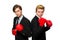 Pair of businessmen boxing on white