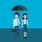 Pair of businessmen - man and woman standing under an umbrella, pixel art illustration