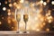 Pair of Champagne glasses for New Year\\\'s eve celebration in front of golden bokeh lights
