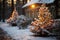 a pair of christmas trees covered in snow with