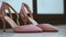 Pair of classical pink-beige woman wedding shoes on the floor - Changing defocus to focus