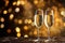A pair of clinking champagne glasses in front of a shimmering glitter background, ideal for New Year\\\'s Eve and holiday