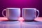 A pair of coffee filled white cups complements trendy ultraviolet decor