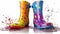 pair of colorful gumboots wellington boots on white background
