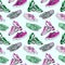 Pair of colorful modern trainers, striped espadrilles and sneakers, seamless pattern on soft green background