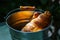 Pair of croissants in a tin bucket lit by strong morning sun li