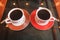 A pair of cups and coffees in beautiful colors. romantic and affectionate.