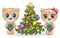 A pair of Cute cartoon teddy bear with big eyes and a Christmas present in paws near a Christmas tree. Merry Christmas and Happy