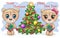 A pair of Cute cartoon teddy bear with big eyes and a Christmas present in paws near a Christmas tree. Merry Christmas and Happy