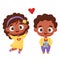 Pair cute ethnic children. Joyful happy black girl and in love boy with gift. Vector illustration. Kids character in