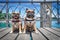 Pair of cute fawn French Bulldog dogs sitting on wooden bridge in front of lake