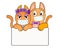 A pair of cute funny red cats in medical masks holding a sign or poster with copy space for your text. Vector medical cats