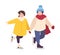 Pair of cute girls holding hands and ice skating together. Seasonal recreational activity for children. Funny cartoon