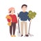 Pair of cute happy smiling man and woman farmers or gardeners carrying seedling to plant and gardening tools. Funny flat