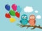 A pair of cute owlet sitting on a branch and holding many balloons