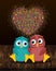 A pair of cute owls in love. Vector on wooden background. Colorful confetti in the form of heart. Greeting card or invitation for