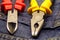 Pair cutting pliers yellow red metal head construction tool close up on dark blue background