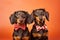 Pair of Dachshund dogs with bowties on porange background