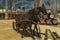 A pair of dark-bay horses harnessed to a traditional carriage and two coachmen at the equestrian fair Feria de Caballo in the Je