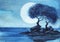 A pair of deciduous trees on a tiny rocky island. Starry moonlit