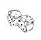 Pair of dice lying with four and five on top side drawn with black contour lines on white background. Throwable gambling