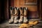 a pair of dirty cowboy boots on a rustic door mat